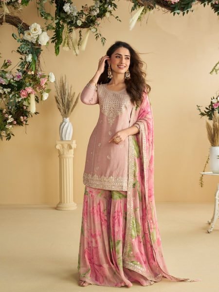 Baby Pink Heavy Chinon Party Wear Kurti Palazzo Dupatta Set with Embroidered Top Designer Plazzo Salwar Suits Wholesale