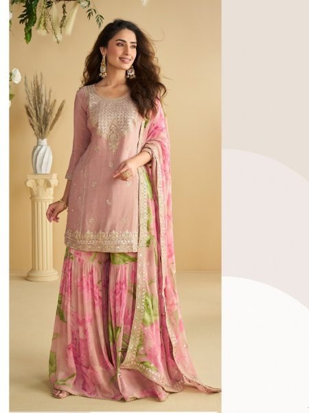 Baby Pink Heavy Chinon Party Wear Kurti Palazzo Dupatta Set with Embroidered Top Designer Plazzo Salwar Suits Wholesale