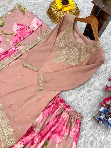 Baby Pink Heavy Chinon Party Wear Kurti Palazzo Dupatta Set with Embroidered Top Designer Plazzo Salwar Suits Wholesale