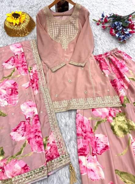 Baby Pink Heavy Chinon Party Wear Kurti Palazzo Dupatta Set with Embroidered Top Designer Plazzo Salwar Suits Wholesale