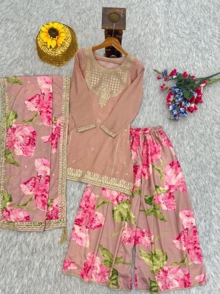 Baby Pink Heavy Chinon Party Wear Kurti Palazzo Dupatta Set with Embroidered Top Designer Plazzo Salwar Suits Wholesale