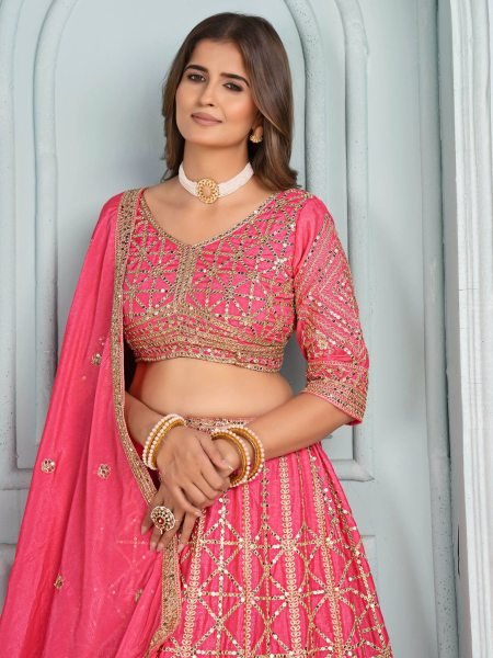 Baby Pink Chinon Silk Lehenga Choli with Embroidery and Sequins Work   Lehenga