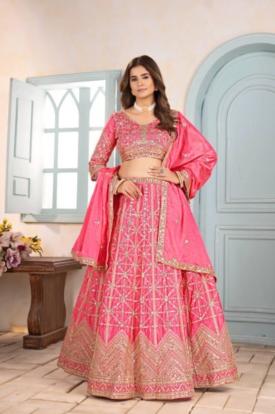 Baby Pink Chinon Silk Lehenga Choli with Embroidery and Sequins Work  Designer Lehenga Choli