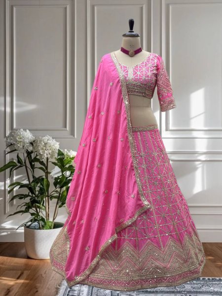 Baby Pink Chinon Silk Lehenga Choli with Embroidery and Sequins Work  Designer Lehenga Choli