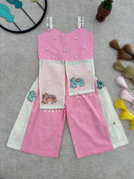 Baby Pink Khadi Co -Ord Set for Kids with Beadwork &  Lace Ethnic Readywear Girls Wear