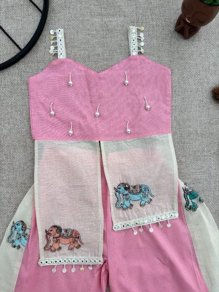 Baby Pink Khadi Co -Ord Set for Kids with Beadwork &  Lace Ethnic Readywear Girls Wear