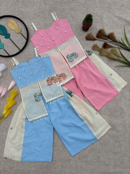 Baby Pink Khadi Co -Ord Set for Kids with Beadwork &  Lace Ethnic Readywear Girls Wear