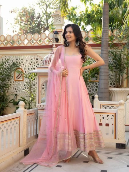 Iconic Baby Pink Natural Crepe Anarkali Gown with Heavy Flair and Dori Work   Mirror Dupatta with lace work Ready To Wear Suit