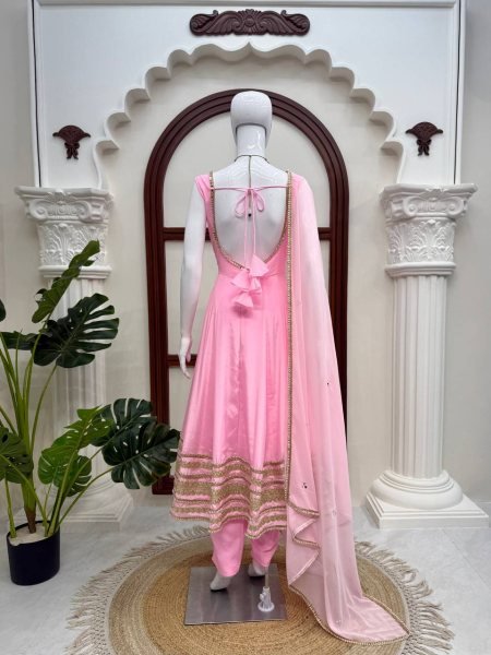 Iconic Baby Pink Natural Crepe Anarkali Gown with Heavy Flair and Dori Work   Mirror Dupatta with lace work Ready To Wear Collection