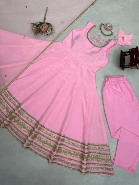 Iconic Baby Pink Natural Crepe Anarkali Gown with Heavy Flair and Dori Work   Mirror Dupatta with lace work Ready To Wear Collection