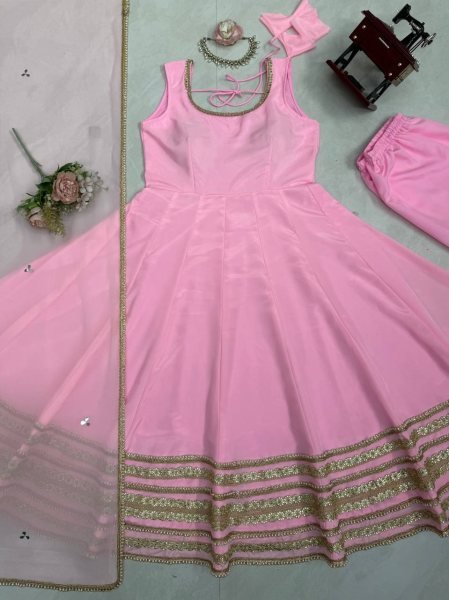 Iconic Baby Pink Natural Crepe Anarkali Gown with Heavy Flair and Dori Work   Mirror Dupatta with lace work Ready To Wear Collection