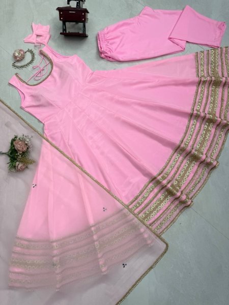 Iconic Baby Pink Natural Crepe Anarkali Gown with Heavy Flair and Dori Work   Mirror Dupatta with lace work Ready To Wear Collection