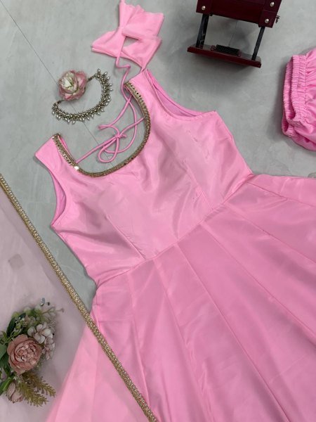 Iconic Baby Pink Natural Crepe Anarkali Gown with Heavy Flair and Dori Work   Mirror Dupatta with lace work Ready To Wear Collection