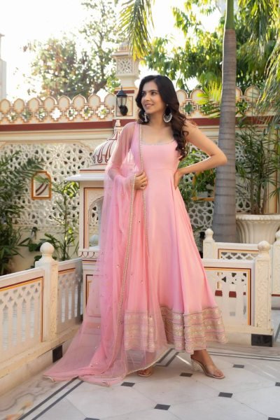 Iconic Baby Pink Natural Crepe Anarkali Gown with Heavy Flair and Dori Work   Mirror Dupatta with lace work Ready To Wear Collection