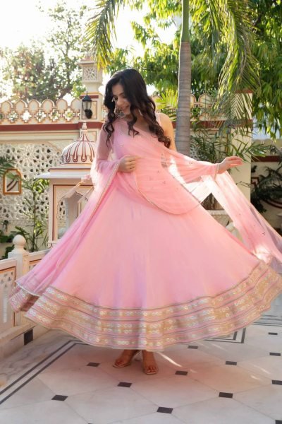 Iconic Baby Pink Natural Crepe Anarkali Gown with Heavy Flair and Dori Work   Mirror Dupatta with lace work Ready To Wear Collection