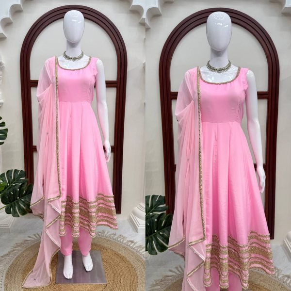 Iconic Baby Pink Natural Crepe Anarkali Gown with Heavy Flair and Dori Work   Mirror Dupatta with lace work Ready To Wear Collection