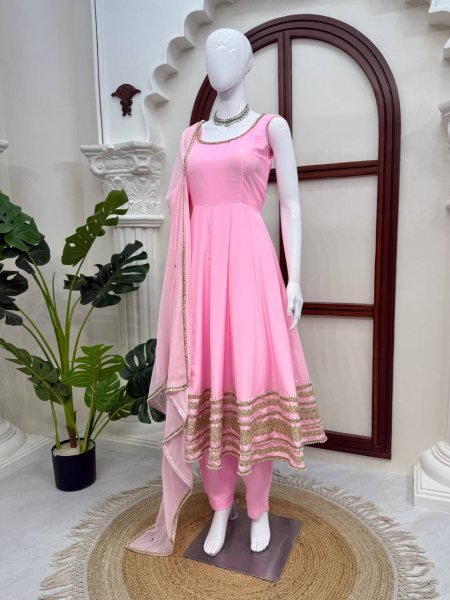 Iconic Baby Pink Natural Crepe Anarkali Gown with Heavy Flair and Dori Work   Mirror Dupatta with lace work Ready To Wear Collection