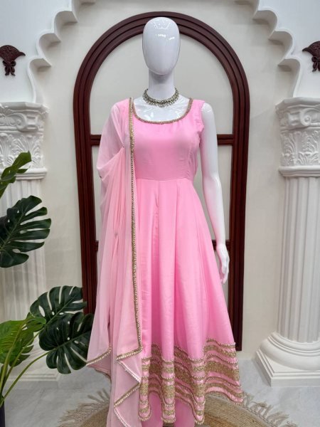 Iconic Baby Pink Natural Crepe Anarkali Gown with Heavy Flair and Dori Work   Mirror Dupatta with lace work Ready To Wear Collection