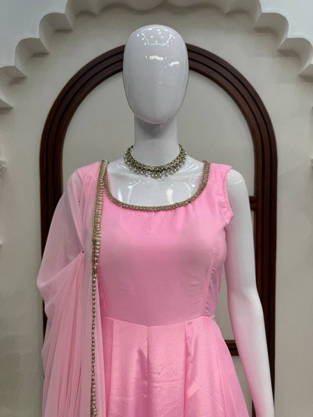 Iconic Baby Pink Natural Crepe Anarkali Gown with Heavy Flair and Dori Work   Mirror Dupatta with lace work Ready To Wear Collection