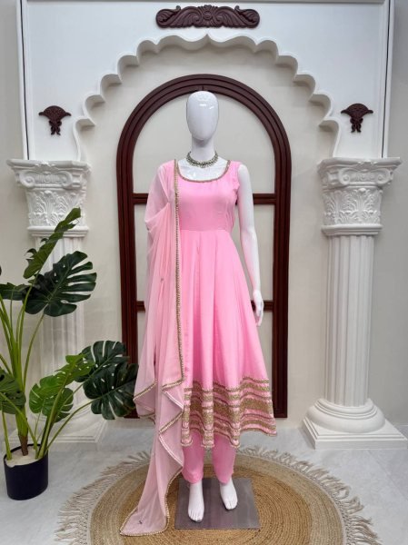 Iconic Baby Pink Natural Crepe Anarkali Gown with Heavy Flair and Dori Work   Mirror Dupatta with lace work Ready To Wear Collection