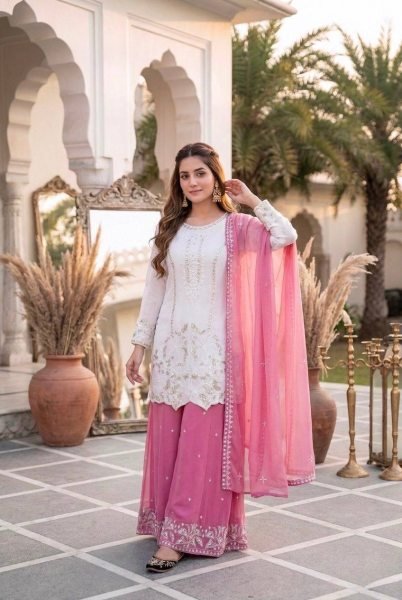 Baby Pink Party Wear Palazzo Suit with Both Side Embroidery Work Ready To Wear Collection