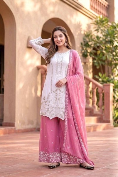 Baby Pink Party Wear Palazzo Suit with Both Side Embroidery Work Ready To Wear Collection