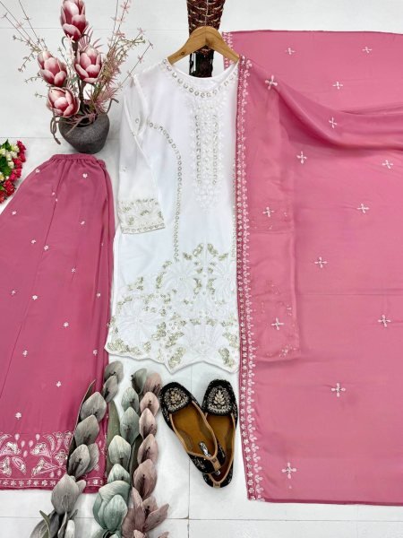 Baby Pink Party Wear Palazzo Suit with Both Side Embroidery Work Ready To Wear Collection