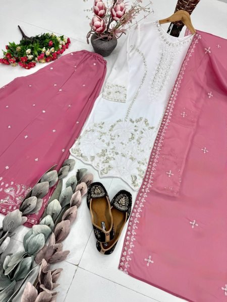 Baby Pink Party Wear Palazzo Suit with Both Side Embroidery Work Ready To Wear Collection