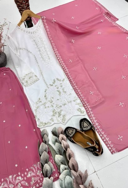 Baby Pink Party Wear Palazzo Suit with Both Side Embroidery Work Ready To Wear Collection