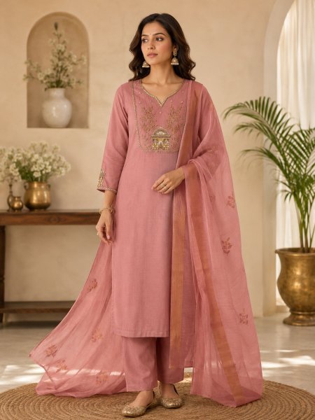 Baby Pink Roman Silk Hand Embroidered Kurti Pant Dupatta Set For Paty Wear Kurtis