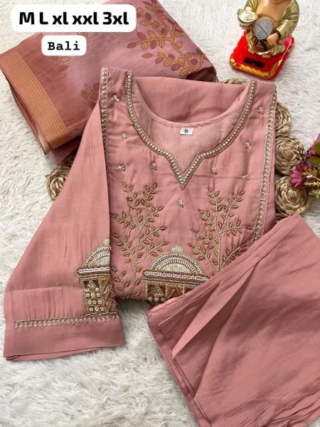 Baby Pink Roman Silk Hand Embroidered Kurti Pant Dupatta Set For Paty Wear  Straight Cut Long Kurtis