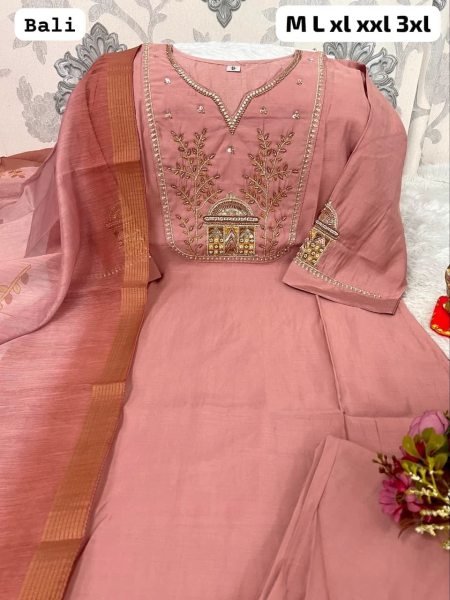 Baby Pink Roman Silk Hand Embroidered Kurti Pant Dupatta Set For Paty Wear  Straight Cut Long Kurtis