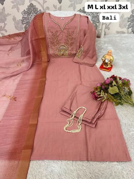 Baby Pink Roman Silk Hand Embroidered Kurti Pant Dupatta Set For Paty Wear  Straight Cut Long Kurtis