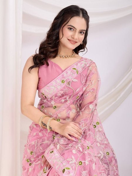 Baby Pink Soft Net Saree with Heavy Chikankari Work & Designer Blouse Sarees 