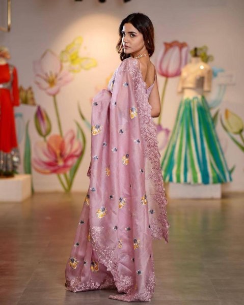 Baby Pink Soft Organza Silk Saree with Sequin Multi Thread Embroidery Event Wear Collection with Blouse at Wholesale Price Organza Sarees Wholesale