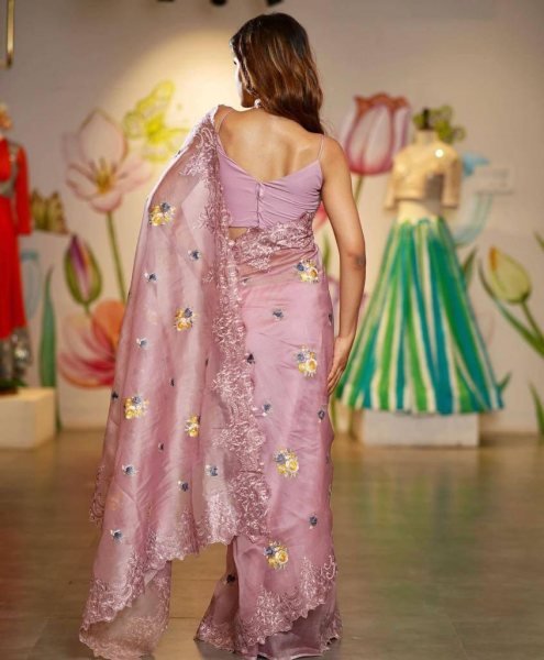 Baby Pink Soft Organza Silk Saree with Sequin Multi Thread Embroidery Event Wear Collection with Blouse at Wholesale Price Organza Sarees Wholesale