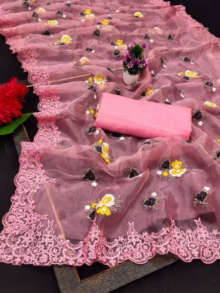 Baby Pink Soft Organza Silk Saree with Sequin Multi Thread Embroidery Event Wear Collection with Blouse at Wholesale Price Organza Sarees Wholesale
