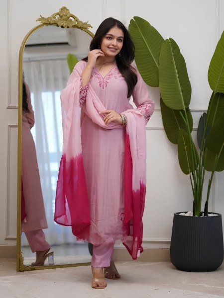 Baby Pink Vichitra Silk Embroidered Kurti Set with Solid Palazzo and Cotton Dupatta Kurtis