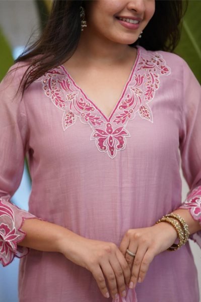 Baby Pink Vichitra Silk Embroidered Kurti Set with Solid Palazzo and Cotton Dupatta Embroidery Kurtis 