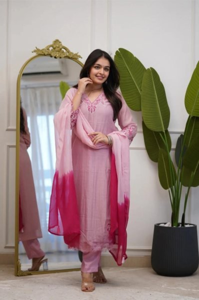 Baby Pink Vichitra Silk Embroidered Kurti Set with Solid Palazzo and Cotton Dupatta Embroidery Kurtis 