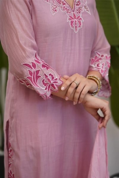 Baby Pink Vichitra Silk Embroidered Kurti Set with Solid Palazzo and Cotton Dupatta Embroidery Kurtis 