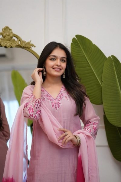 Baby Pink Vichitra Silk Embroidered Kurti Set with Solid Palazzo and Cotton Dupatta Embroidery Kurtis 