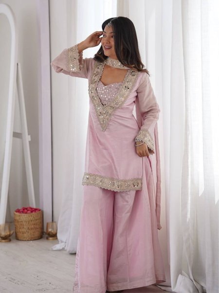 Baby Pink Women Wear Traditional Mirror Work And Heavy Lace Work Plazzo Set With Dupatta Ready To Wear Suit