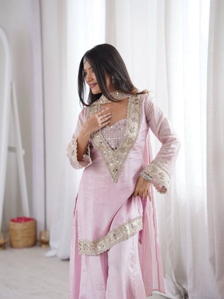 Baby Pink Women Wear Traditional Mirror Work And Heavy Lace Work Plazzo Set With Dupatta Ready To Wear Collection