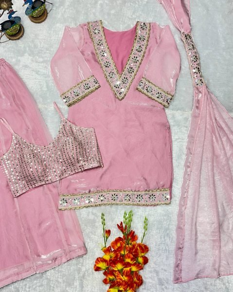 Baby Pink Women Wear Traditional Mirror Work And Heavy Lace Work Plazzo Set With Dupatta Ready To Wear Collection