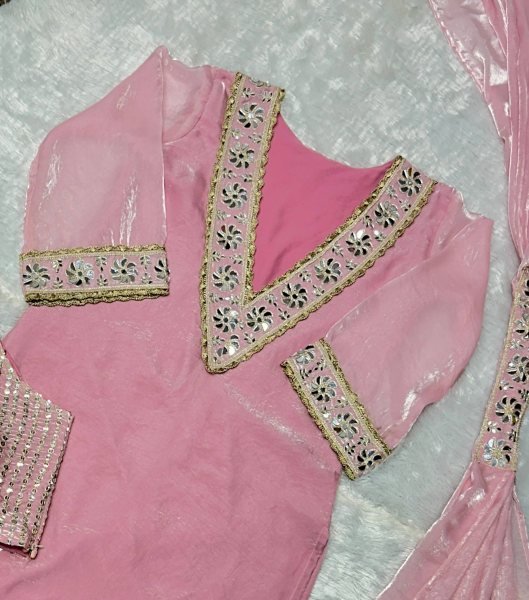 Baby Pink Women Wear Traditional Mirror Work And Heavy Lace Work Plazzo Set With Dupatta Ready To Wear Collection