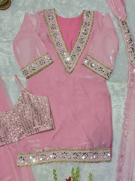 Baby Pink Women Wear Traditional Mirror Work And Heavy Lace Work Plazzo Set With Dupatta Ready To Wear Collection