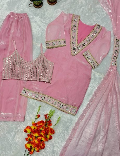 Baby Pink Women Wear Traditional Mirror Work And Heavy Lace Work Plazzo Set With Dupatta Ready To Wear Collection