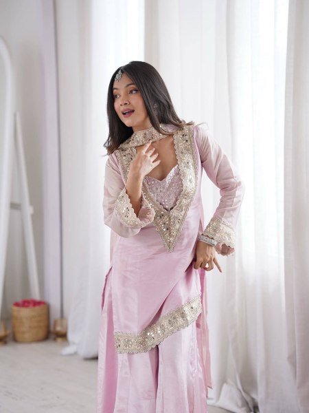 Baby Pink Women Wear Traditional Mirror Work And Heavy Lace Work Plazzo Set With Dupatta Ready To Wear Collection