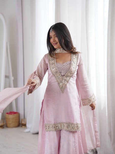 Baby Pink Women Wear Traditional Mirror Work And Heavy Lace Work Plazzo Set With Dupatta Ready To Wear Collection
